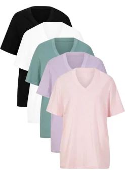 bonprix bonprix Camiseta larga ancha con cuello en V, manga corta (5 unidades) lavanda + salvia fumé+ rosa pálido + negro + blanco New