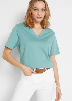 bonprix bonprix Camiseta larga ancha con cuello en V, manga corta (5 unidades) lavanda + salvia fumé+ rosa pálido + negro + blanco New