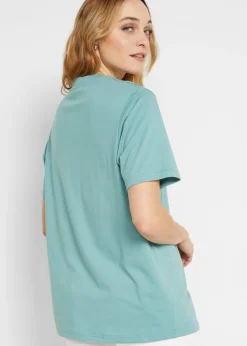 bonprix bonprix Camiseta larga ancha con cuello en V, manga corta (5 unidades) lavanda + salvia fumé+ rosa pálido + negro + blanco New