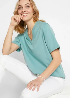 bonprix bonprix Camiseta larga ancha con cuello en V, manga corta (5 unidades) lavanda + salvia fumé+ rosa pálido + negro + blanco New