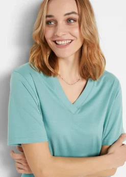 bonprix bonprix Camiseta larga ancha con cuello en V, manga corta (5 unidades) lavanda + salvia fumé+ rosa pálido + negro + blanco New