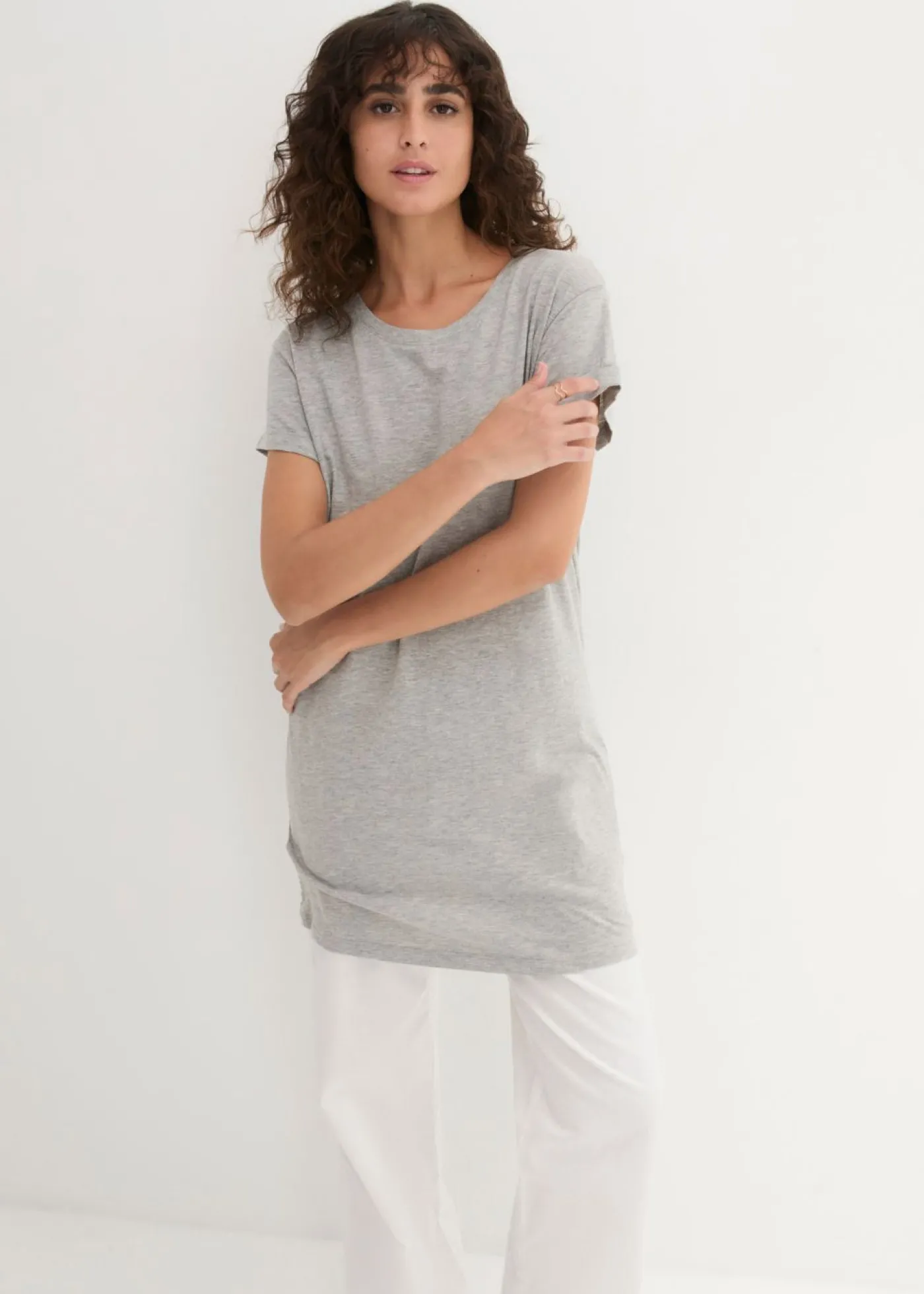 bonprix bonprix Camiseta larga de algodón puro Gris claro jaspeado Sale