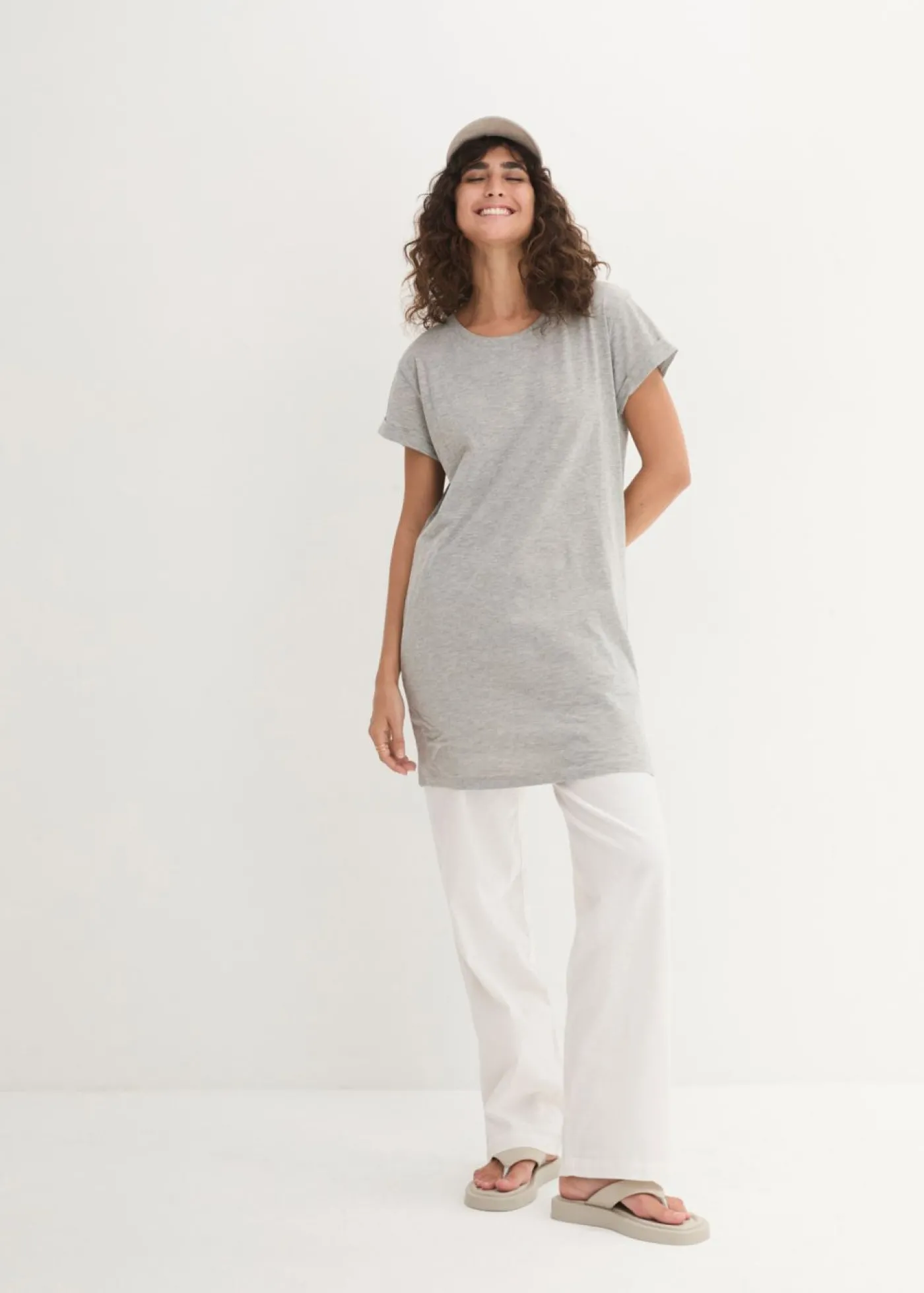 bonprix bonprix Camiseta larga de algodón puro Gris claro jaspeado Sale