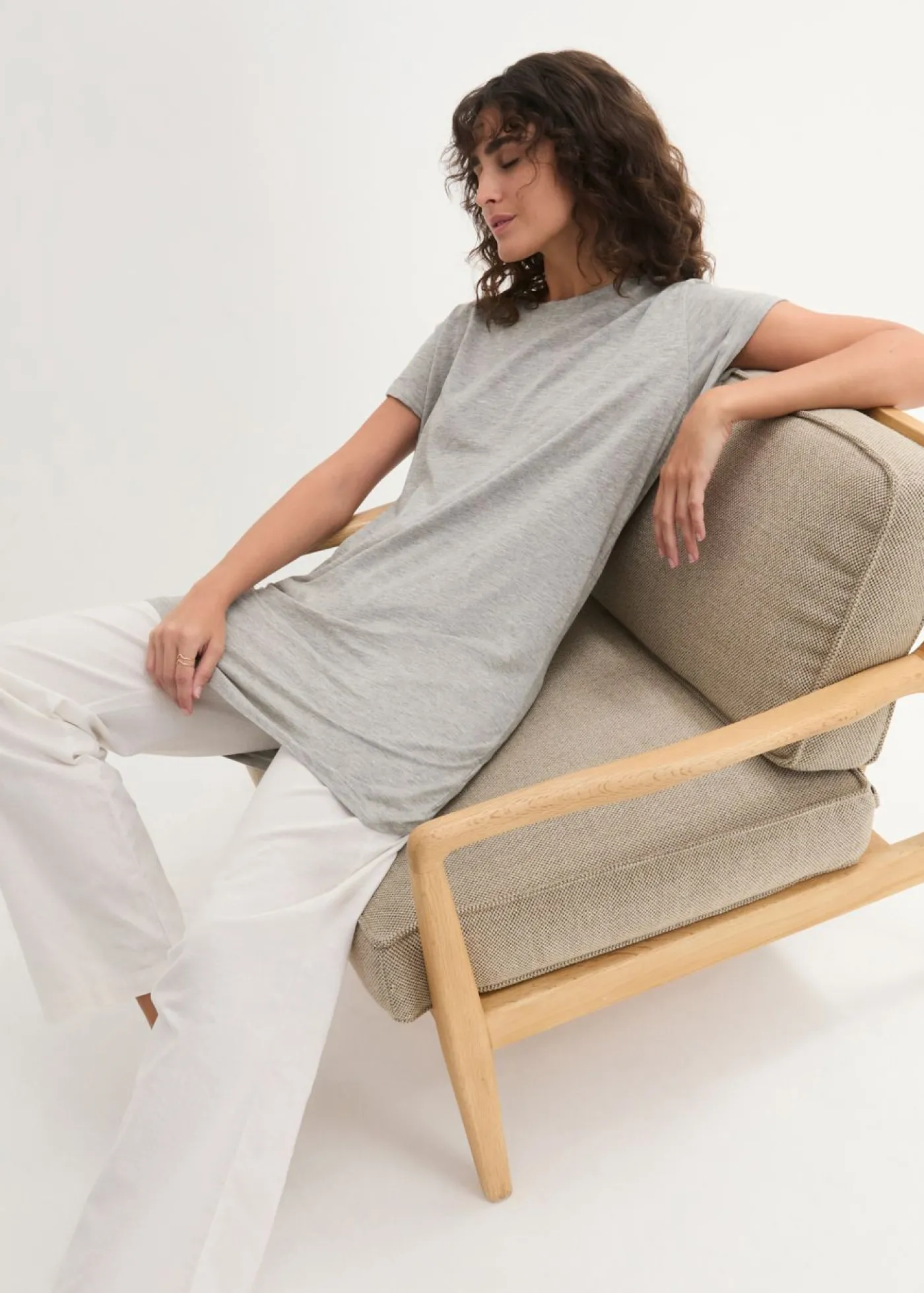bonprix bonprix Camiseta larga de algodón puro Gris claro jaspeado Sale
