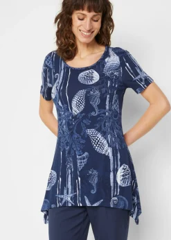 bonprix bonprix Camiseta larga de suave mezcla de viscosa Azul marino-blanco