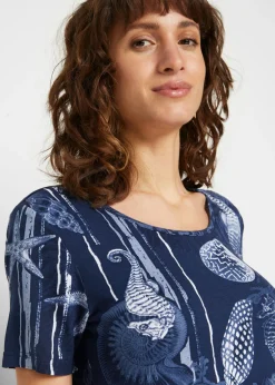 bonprix bonprix Camiseta larga de suave mezcla de viscosa Azul marino-blanco