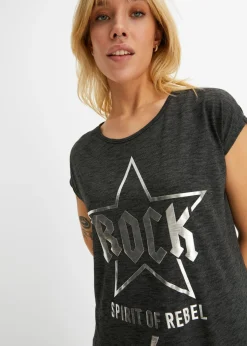 bonprix bonprix Camiseta larga de suave mezcla de viscosa Negro estampado Outlet