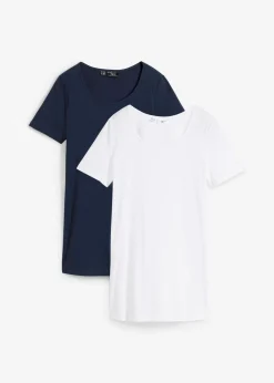 bonprix bonprix Camiseta larga (2 unidades) Azul marino-blanco Clearance