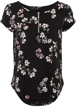 bonprix bonprix Camiseta oversize de mezcla de algodón Negro-rosa de flores Clearance