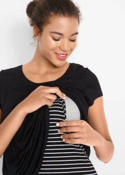 bonprix bonprix Camiseta premamá y de lactancia 2 en 1 de viscosa Negro-blanco de rayas Clearance
