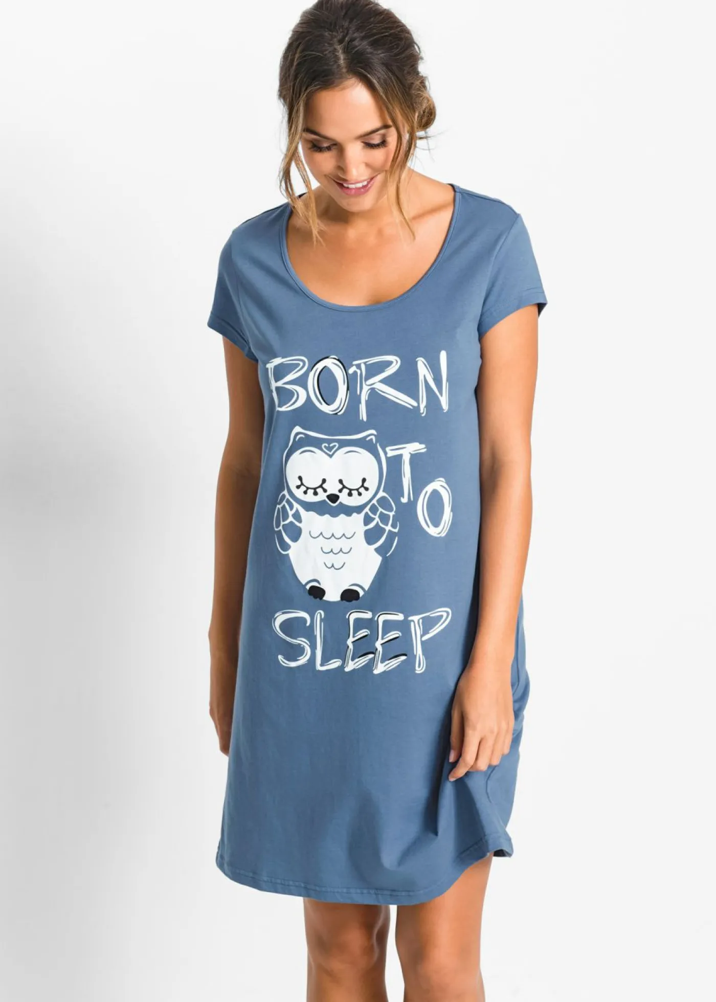 bonprix bonprix Camisón corto de algodón orgánico puro Azul/estampado de búhos Online