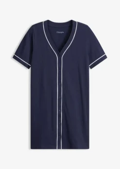 bonprix bonprix Camisón corto de algodón puro con botones Azul marino-blanco Online