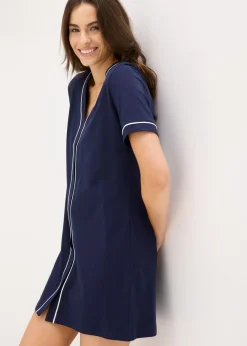 bonprix bonprix Camisón corto de algodón puro con botones Azul marino-blanco Online