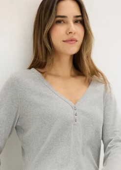 bonprix bonprix Camisón de canalé con botones Gris claro jaspeado New