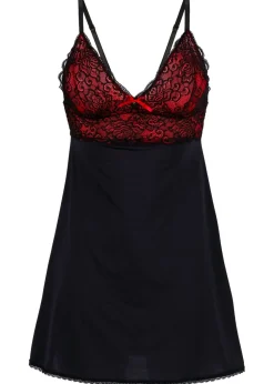 bonprix bonprix Camisón de satén con lazo en el pecho Negro-rojo Hot