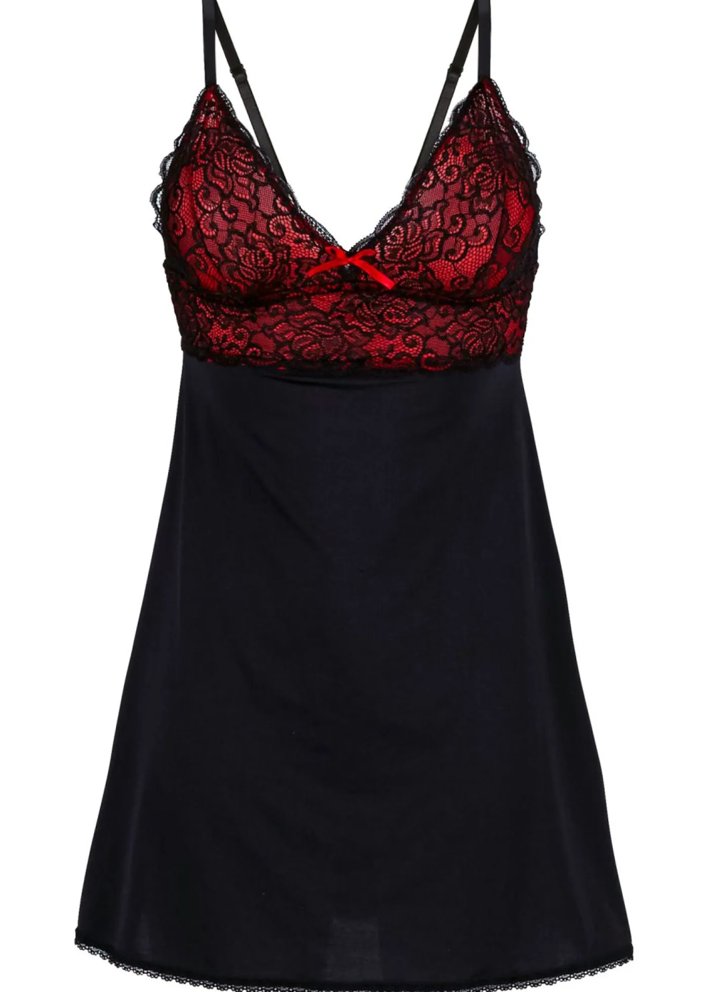 bonprix bonprix Camisón de satén con lazo en el pecho Negro-rojo Hot