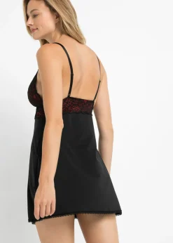 bonprix bonprix Camisón de satén con lazo en el pecho Negro-rojo Hot