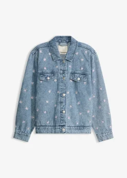 bonprix bonprix Cazadora vaquera con bordado de flores Denim claro desgastado New