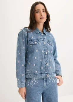 bonprix bonprix Cazadora vaquera con bordado de flores Denim claro desgastado New