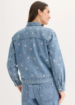 bonprix bonprix Cazadora vaquera con bordado de flores Denim claro desgastado New