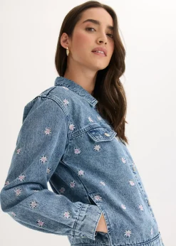 bonprix bonprix Cazadora vaquera con bordado de flores Denim claro desgastado New