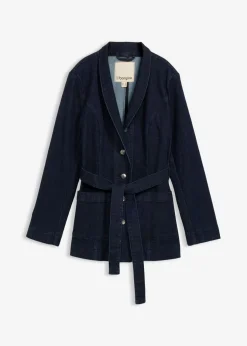 bonprix bonprix Cazadora vaquera de algodón con cinturón Azul oscuro denim Outlet