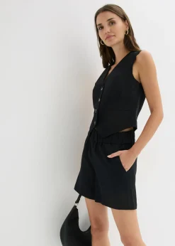 bonprix bonprix Chaleco y pantalón corto de mezcla de lino Negro Outlet
