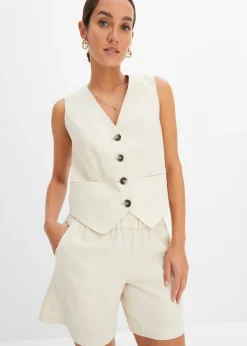 bonprix bonprix Chaleco y pantalón corto de mezcla de lino Beige-arena Outlet