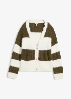 bonprix bonprix Chaqueta ancha de punto grueso blanco lana/verde oliva oscuro rayas horizontales Hot