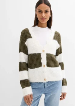 bonprix bonprix Chaqueta ancha de punto grueso blanco lana/verde oliva oscuro rayas horizontales Hot