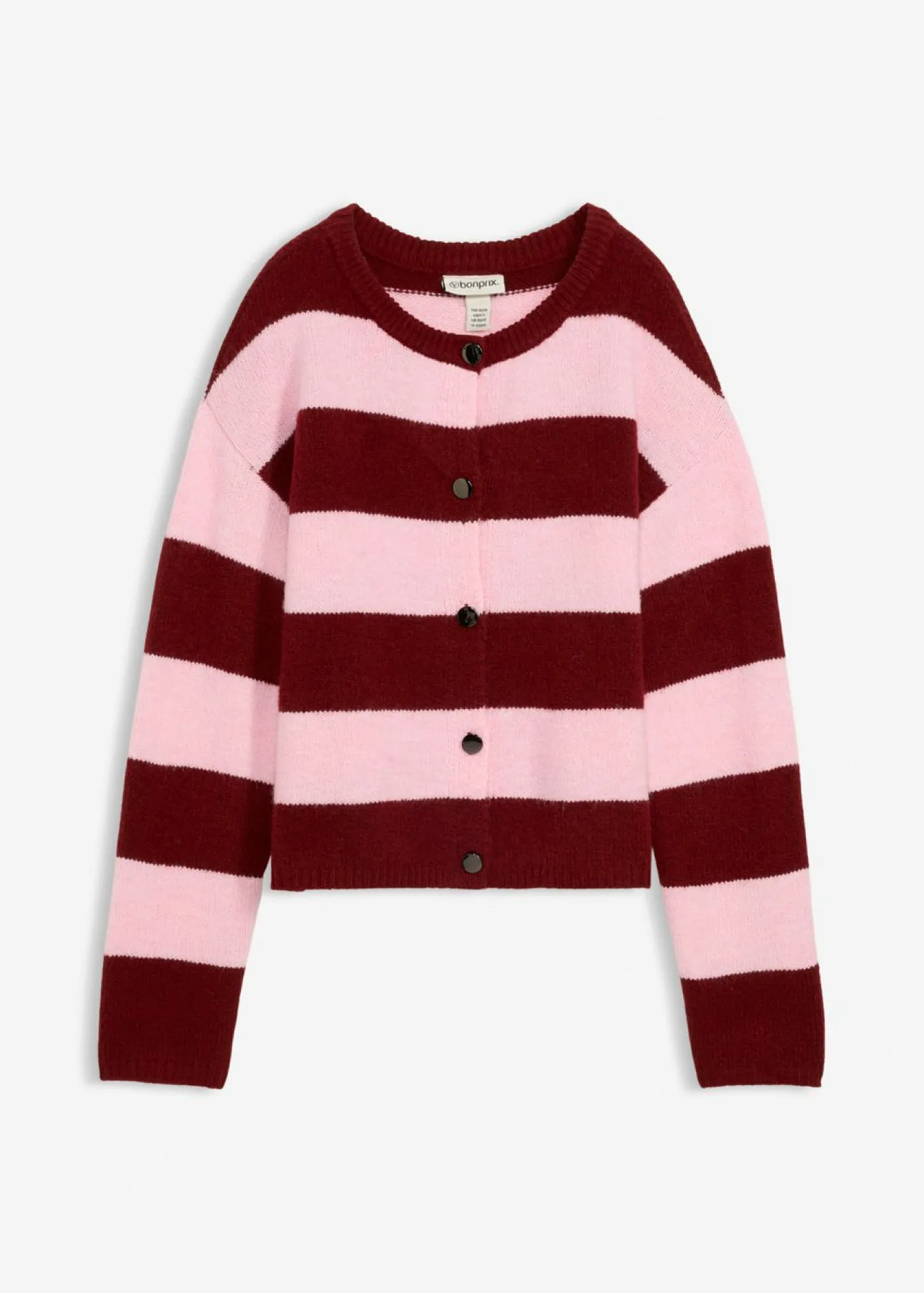 bonprix bonprix Chaqueta corta de punto fino rosa cristal/rojo rubí rayas horizontales New
