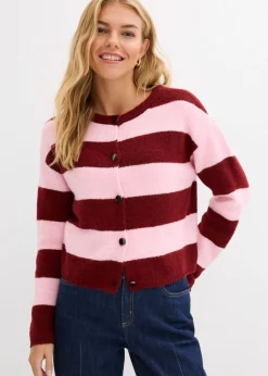 bonprix bonprix Chaqueta corta de punto fino rosa cristal/rojo rubí rayas horizontales New