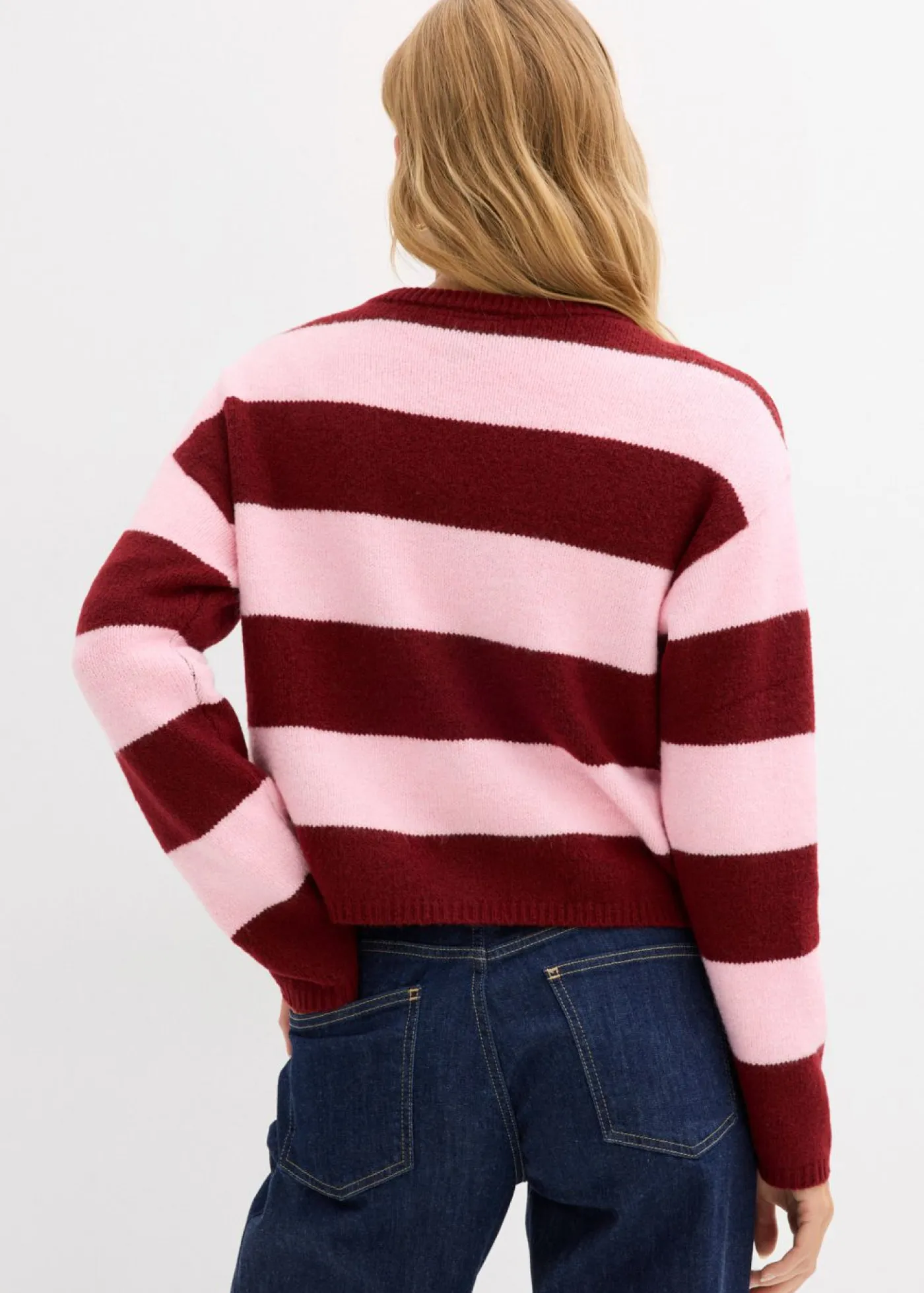 bonprix bonprix Chaqueta corta de punto fino rosa cristal/rojo rubí rayas horizontales New