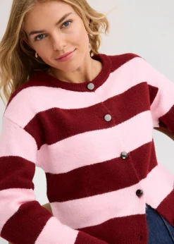 bonprix bonprix Chaqueta corta de punto fino rosa cristal/rojo rubí rayas horizontales New
