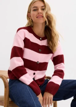 bonprix bonprix Chaqueta corta de punto fino rosa cristal/rojo rubí rayas horizontales New