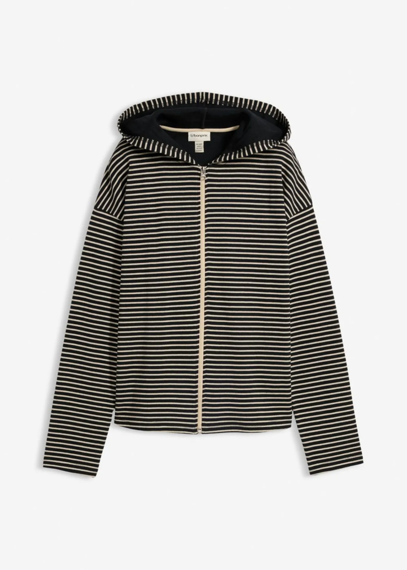 bonprix bonprix Chaqueta de chándal a rayas de mezcla de algodón negro-arena claro con rayas