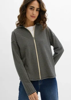 bonprix bonprix Chaqueta de chándal a rayas de mezcla de algodón negro-arena claro con rayas