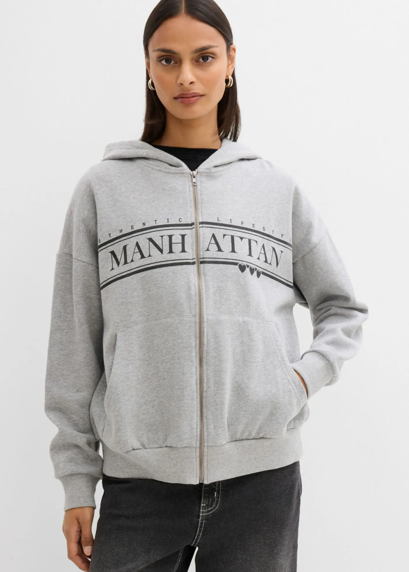bonprix bonprix Chaqueta de chándal ancha con capucha de algodón orgánico puro Gris claro jaspeado Best
