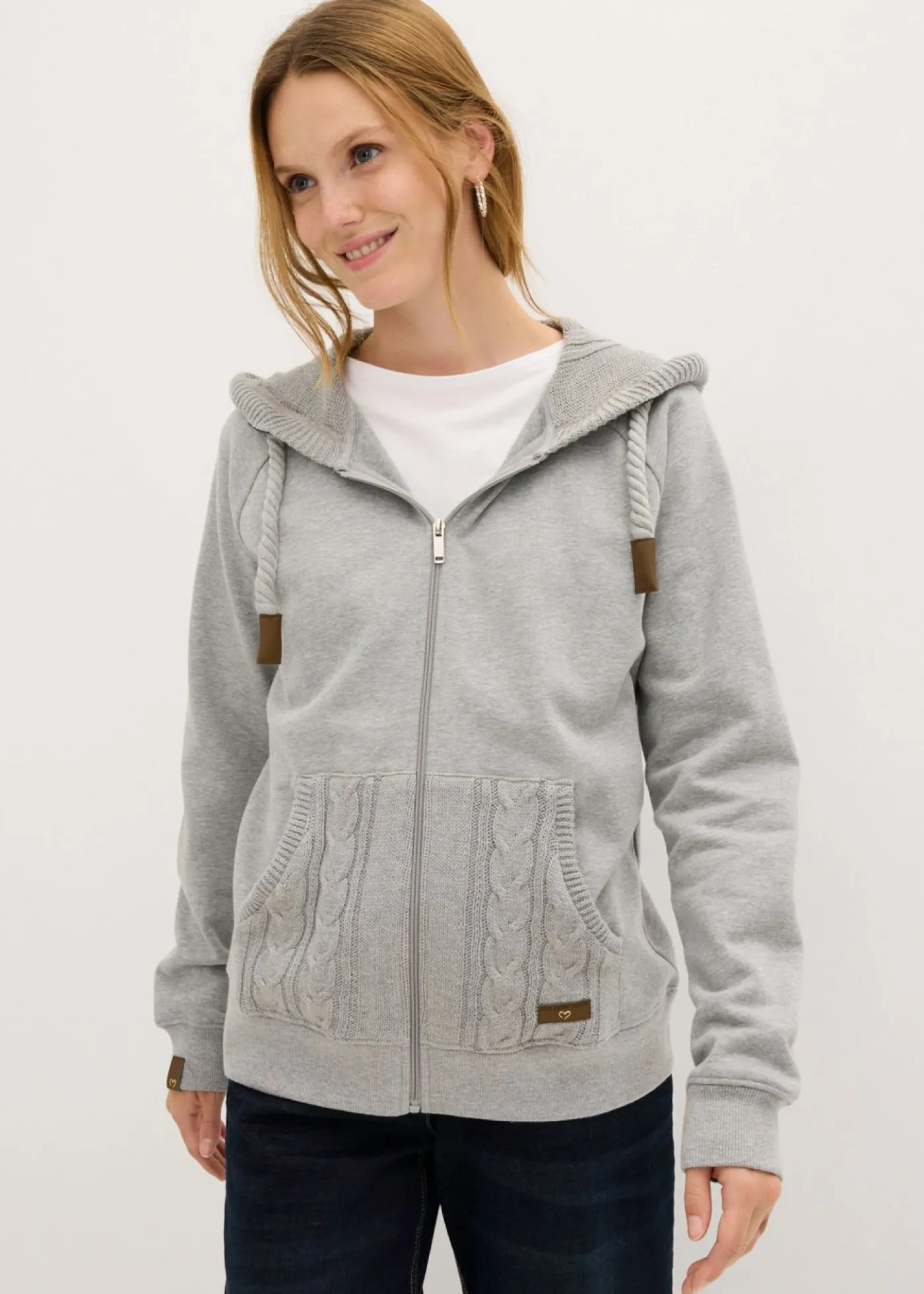 bonprix bonprix Chaqueta de chándal con capucha de punto y bolsillo Gris claro jaspeado New