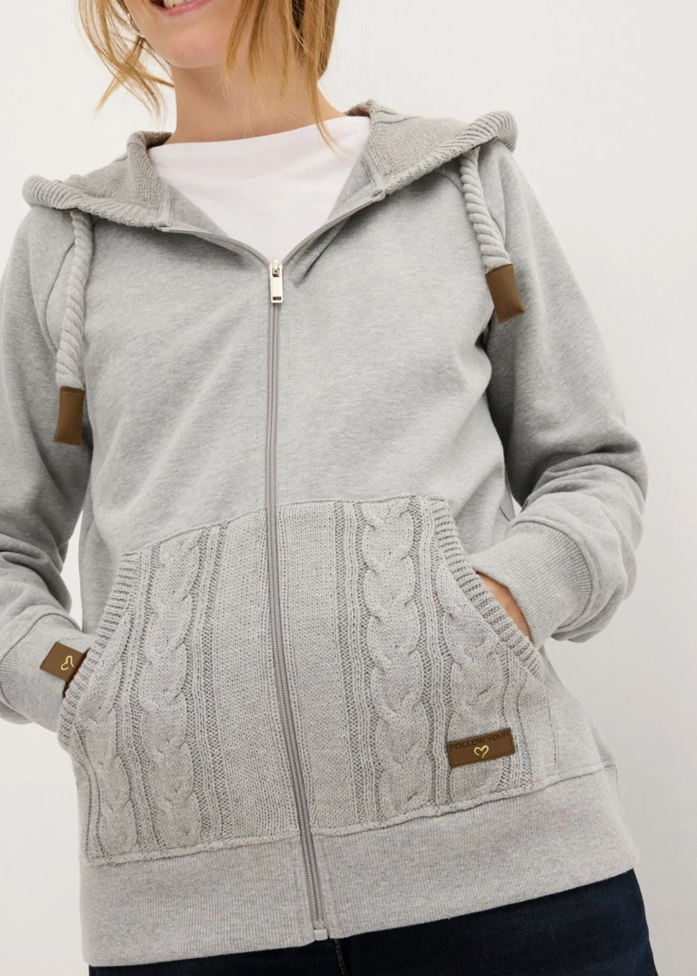 bonprix bonprix Chaqueta de chándal con capucha de punto y bolsillo Gris claro jaspeado New