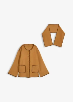 bonprix bonprix Chaqueta de lana con bordado decorativo (conjunto de 2 piezas con bufanda) Avellana Clearance