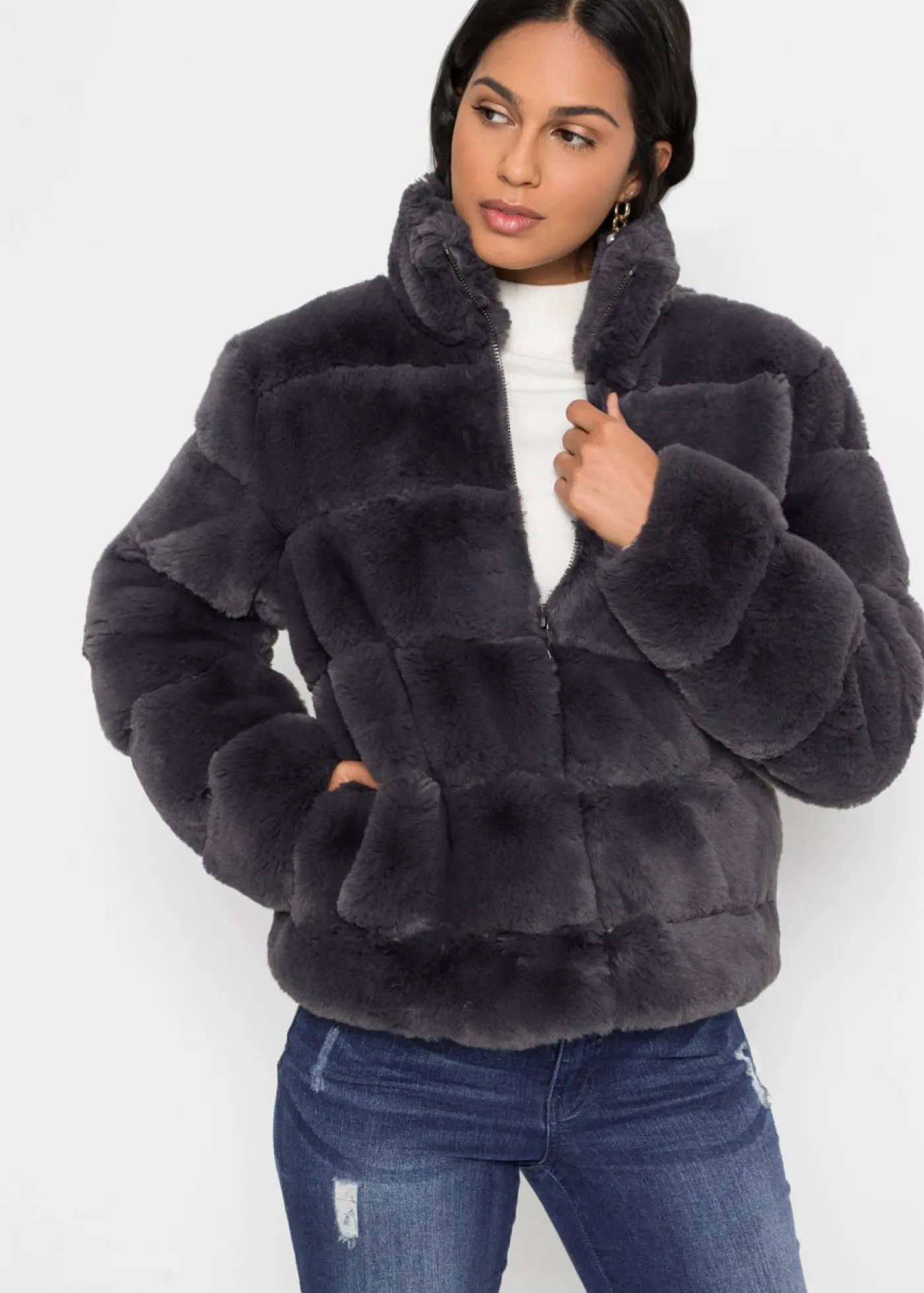 bonprix bonprix Chaqueta de pelo sintético con cremallera pizarra Discount