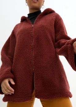 bonprix bonprix Chaqueta de peluche, corte en A, con aberturas laterales Marrón almendra Outlet