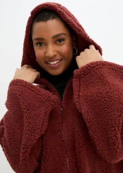 bonprix bonprix Chaqueta de peluche, corte en A, con aberturas laterales Marrón almendra Outlet