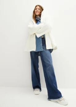 bonprix bonprix Chaqueta de peluche, corte en A, con aberturas laterales Blanco lana Discount