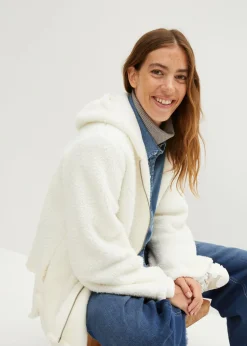 bonprix bonprix Chaqueta de peluche, corte en A, con aberturas laterales Blanco lana Discount