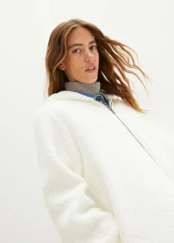 bonprix bonprix Chaqueta de peluche, corte en A, con aberturas laterales Blanco lana Discount