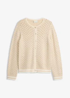 bonprix bonprix Chaqueta de punto ajour con hilo suave Arena claro-blanco lana New