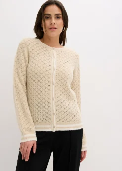 bonprix bonprix Chaqueta de punto ajour con hilo suave Arena claro-blanco lana New
