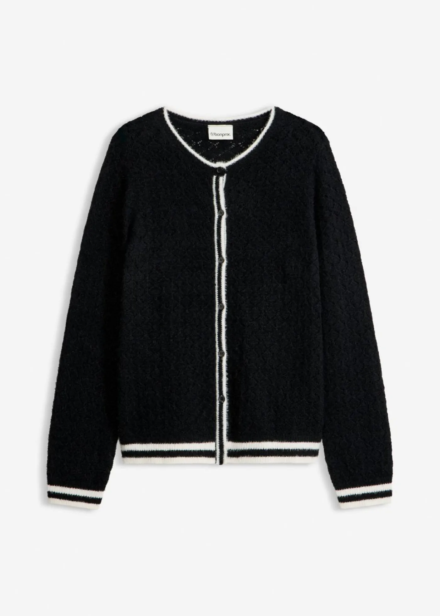 bonprix bonprix Chaqueta de punto ajour con hilo suave Negro-blanco lana